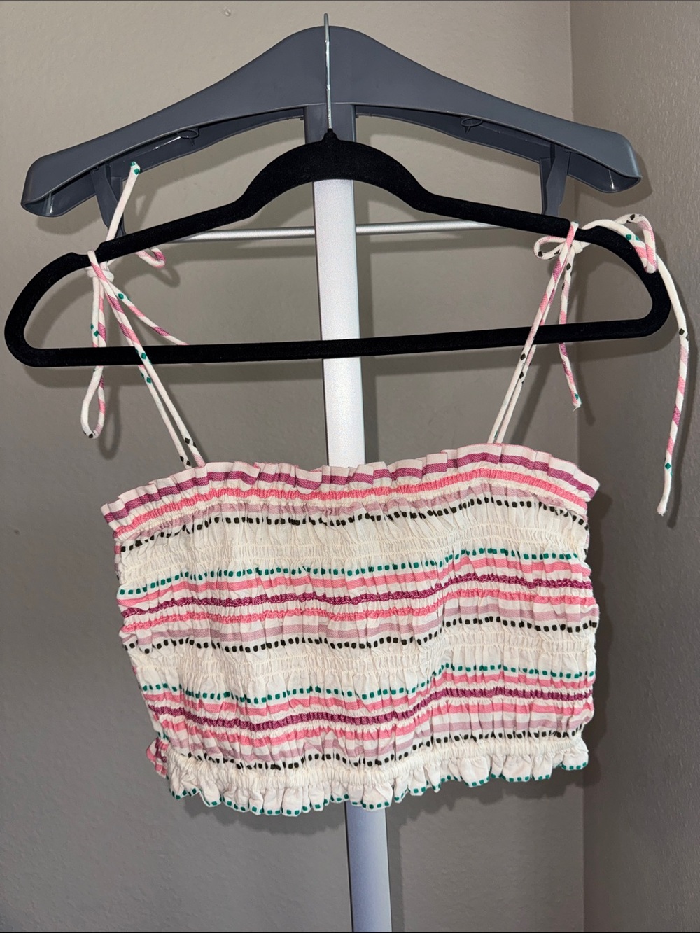 LOFT White Smocked Crop Top with Pink & Teal Stripes